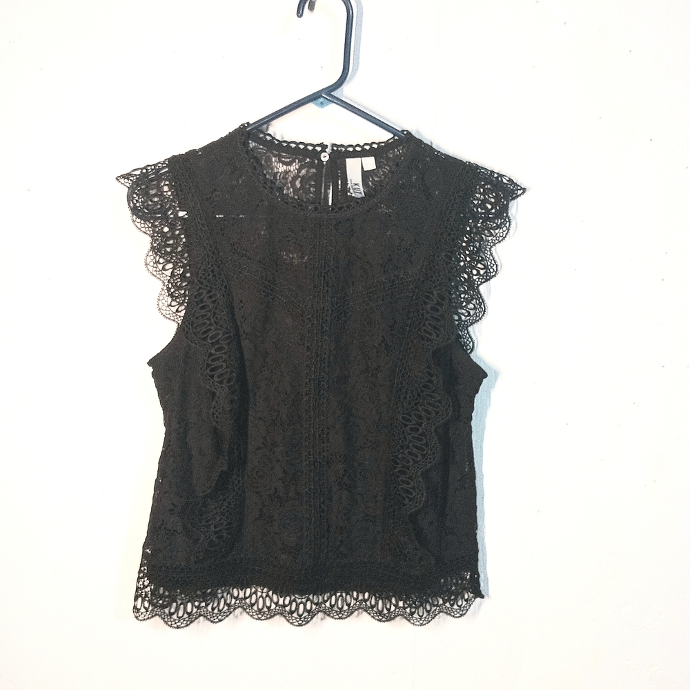 Black Lacey Blouse Scalloped Sleeve Tiered Ruffles Dark Fairy Whimsygoth Romance - Picture 7 of 7